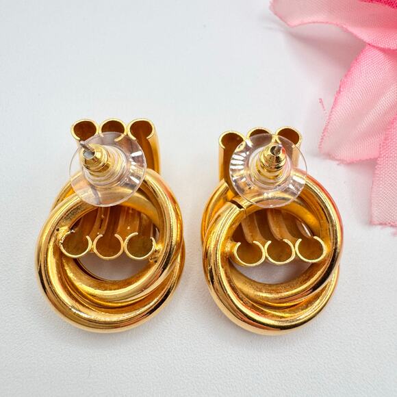 Vintage Knot Pipe Door Knocker Earrings Chunky Retro 80s 90s Gold Tone Runway - Picture 4 of 6
